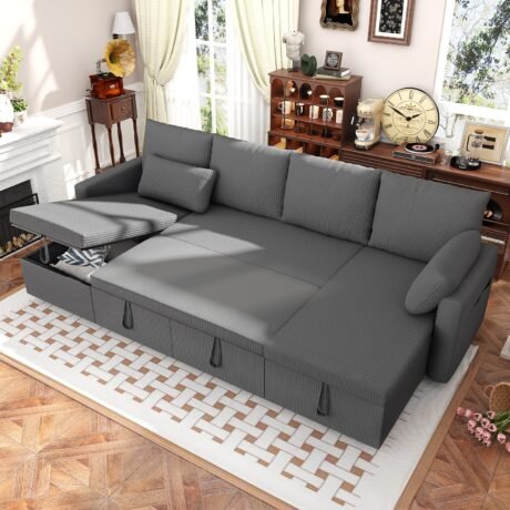 Modern Sleeper Sofa with Chaise in Corduroy